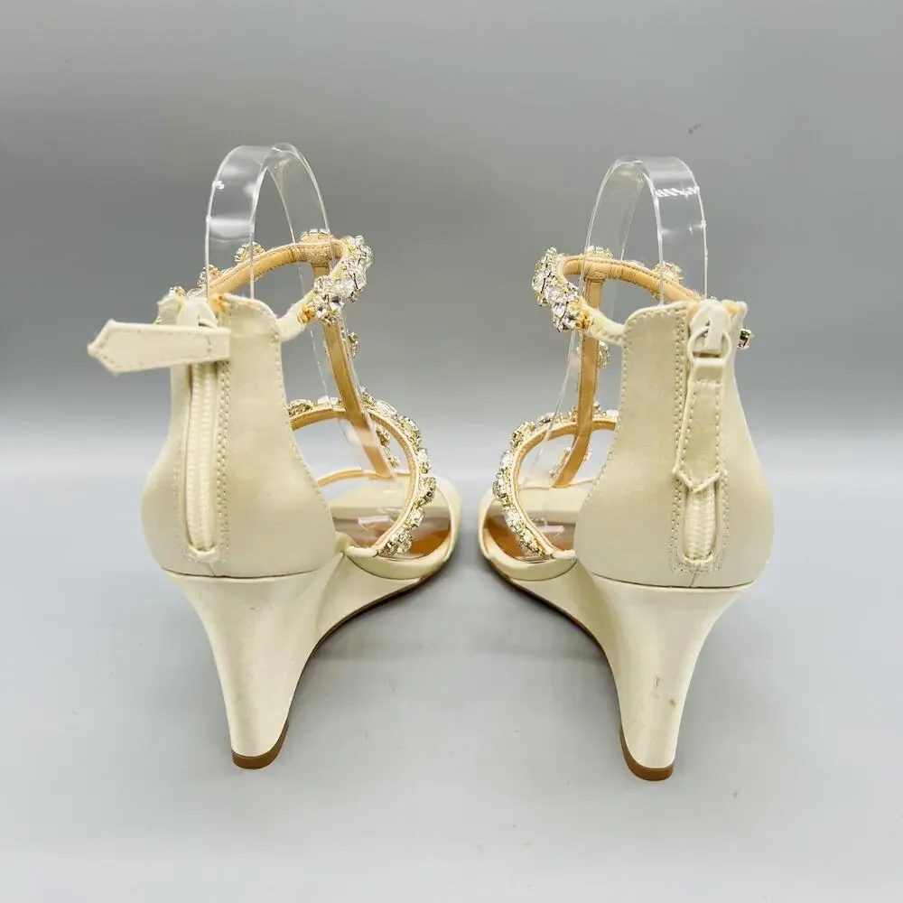Badgley Mischka Sandals Womens 7 White Satin Bridal Rhinestone Ankle Wedge Shoes